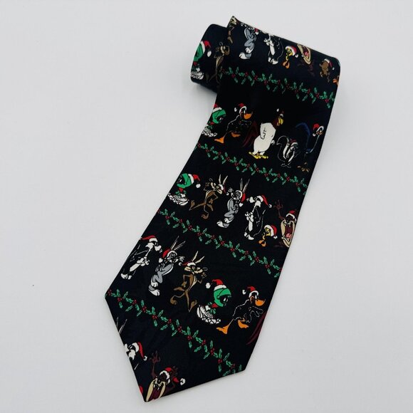 Looney Tunes Other - Vintage Looney Tunes Tie Mens One Size Black Christmas Holiday Cartoon Santa 90s